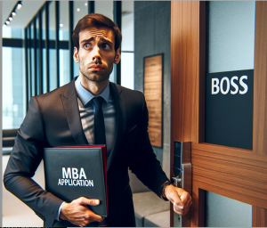 An anxious professional in a business suit stands hesitantly outside a closed office door labeled 'Boss.' He clutches an 'MBA Application' folder under one arm and is about to knock on the door with his other hand. The modern, sleek office hallway around him emphasizes the serious corporate environment. His expression is a mix of determination and nervousness, capturing a pivotal moment in his career